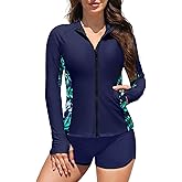 Daci Women Two Piece Rash Guard Long Sleeve Bathing Suit UV Block Swimsuits Boy Shorts Bottom Swim Shirt