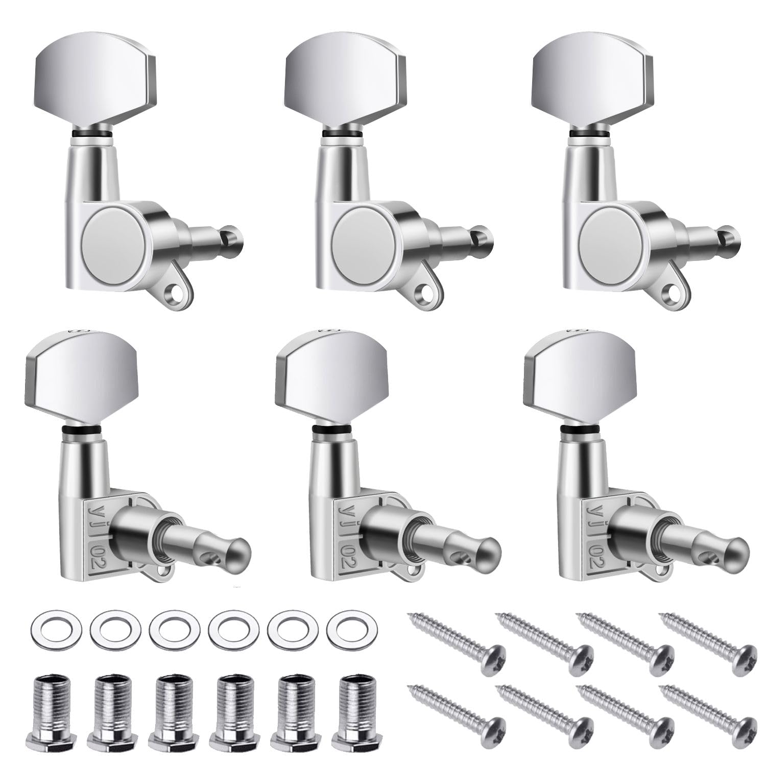 Flexzion Acoustic Guitar Tuning Pegs - 3x3 Chrome Finish Acoustic and Electric Guitar Tuner Pegs - 6 Pieces Locking Keys String Tuner Machine Heads Knobs Replacement, Silver