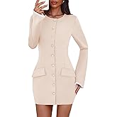 Lazysmile Women's Casual Dresses Long Sleeve Boat Neck Button Down Bodycon Mini Fall Party Club Cocktail Dresses for Women