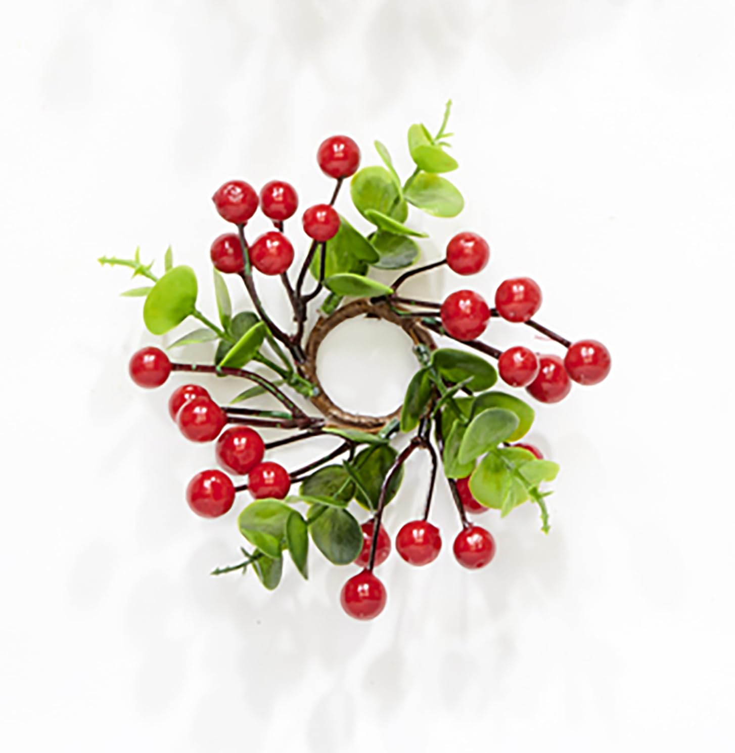 Photo 1 of 1.25" Inner Diameter Artificial Christmas Red Berries & Eucalyptus Leaves Taper Candle Ring, Set of 6