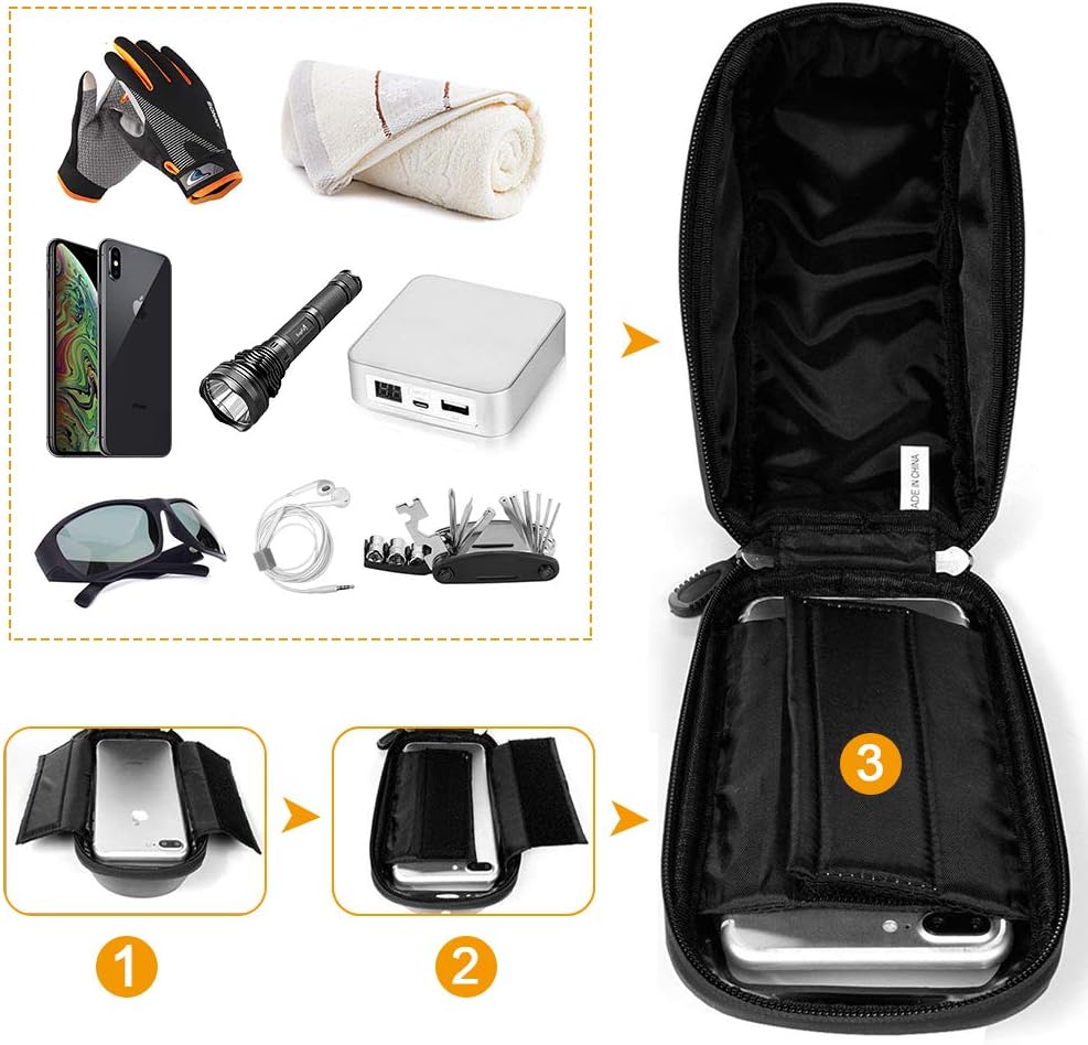 Bike Bicycle Phone Mount Bags - Waterproof Front Frame Top Tube Handlebar Bags with Touch Screen Phone Holder Case Sports Bicycle Bike Storage Bag Cycling Pack Fits iPhone 7 8 Plus xs max (Black) : Sports & Outdoors