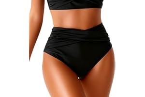 CAOARA Womens Bikini Bottoms High Waist Ruched Cross Front Swim Briefs with Full Lining Tummy Control Swimwear Bottom