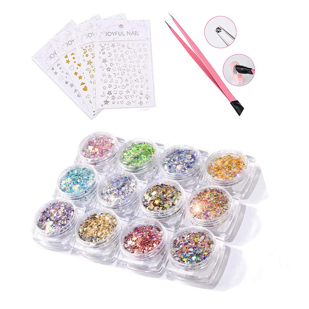 SIPLIV 12-color Nail Art Glitter Colorful Glitter Nail Art DIY Decoration with Tweezer and Nail Star Moon Stickers(4 pcs), Glitter for Face, Arm, Nail, Festival Party Decoration — image 1