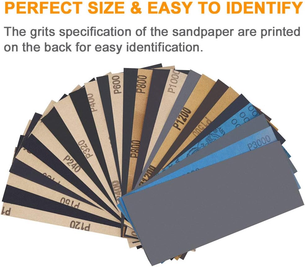 Sandpaper, Sand paper 120 to 3000 Assorted Grit Sand paper, Wet Dry Sand paper 9 x 3.6 Inch Sandpaper for Wood Furniture Finishing, Metal Sanding and Automotive Polishing, Sander Sheets 42PCS - - 