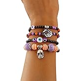 LINMEIZAI Letter Beads Bracelets for Women Pony Beads Friendship Bracelet,Bat Ghost Stack Bracelets Charms Fashion Accessories for Women Trendy Boo Halloween Decorations