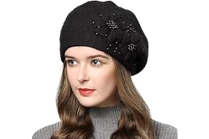 VOILIPEX Rabbit Fur Beret Hat French Beret Cap Winter Warm Flowers Pearls Beanie Artist Painter Hat for Women Lady