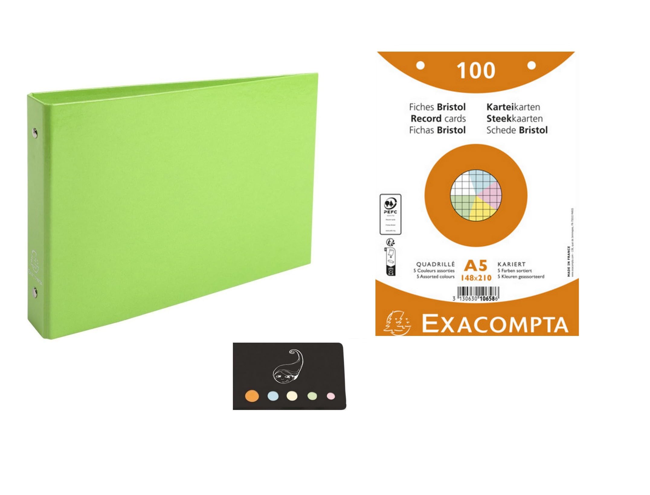 1 Folder for Cards + 100 Bristol Index Cards A5 Squared Perforated Assorted Colours + 1 Index Blumie (Apple Green)