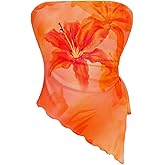 WDIRARA Women's Floral Mesh Strapless Side Ruched Tube Top Asymmetrical Hem Bandeau Crop Tops