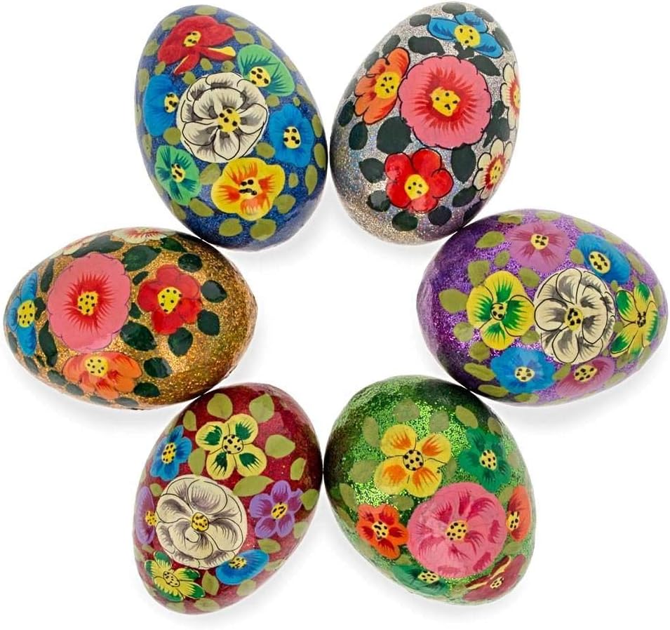 Set of 6 Glittered Flowers Ukrainian Wooden Easter Eggs Pysanky 3 Inches