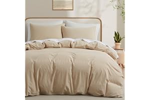 LOVQUE 100% Cotton Duvet Cover Queen Size, Beige Fade-Resistant Linen Like Bedding Set, 90x90 Inches