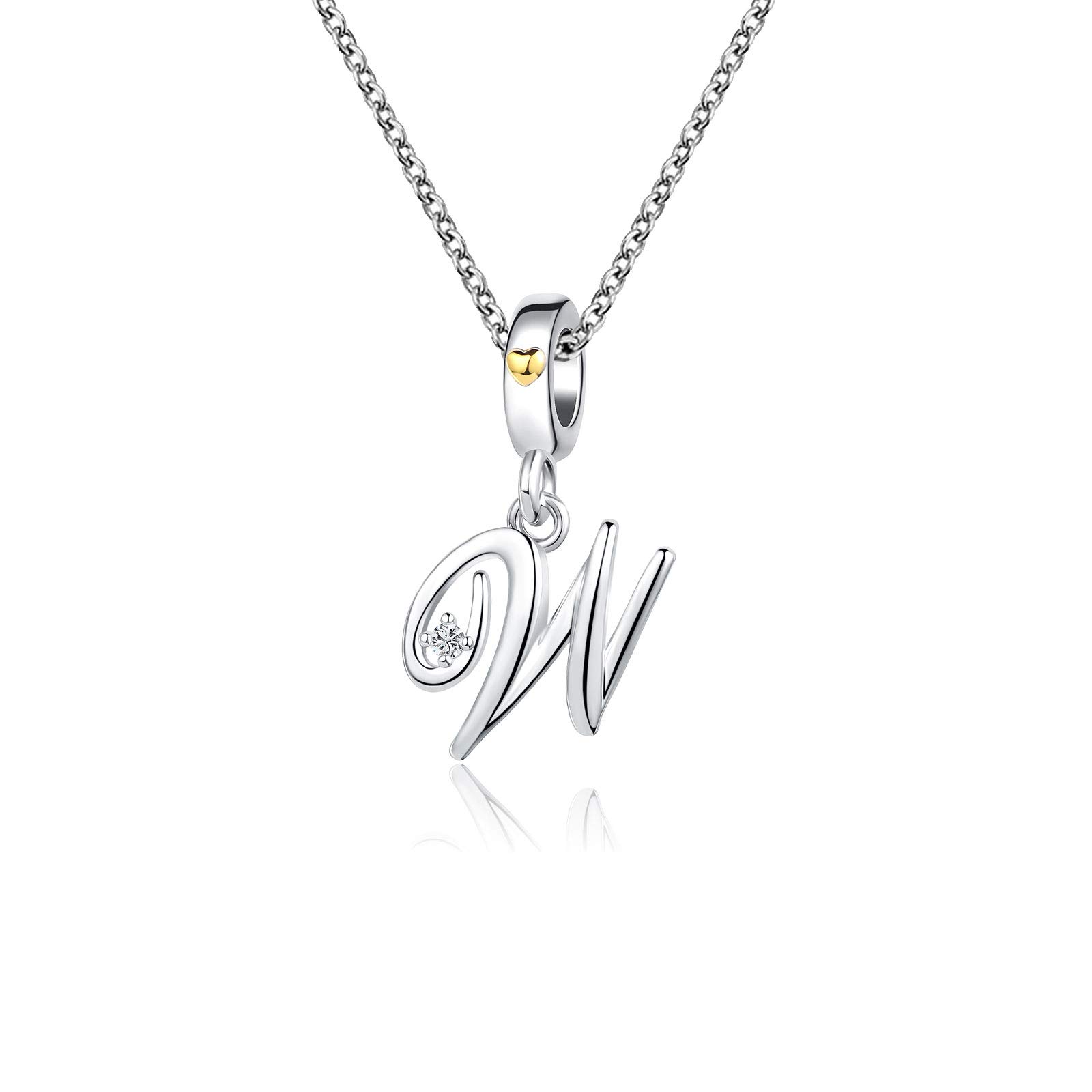 KunBead Jewelry Letter W Initial Alphabet Personalized Name Necklace Silver Love Heart Crystal Mum Pendant Necklace