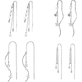 4 Pcs Star Chain Tassel Threader Earrings for Women Silver Lightweight Star Beaded Curved Ear Line Wave Dangle Drop Earrings Minimalist Charm Long Threader Earrings Set