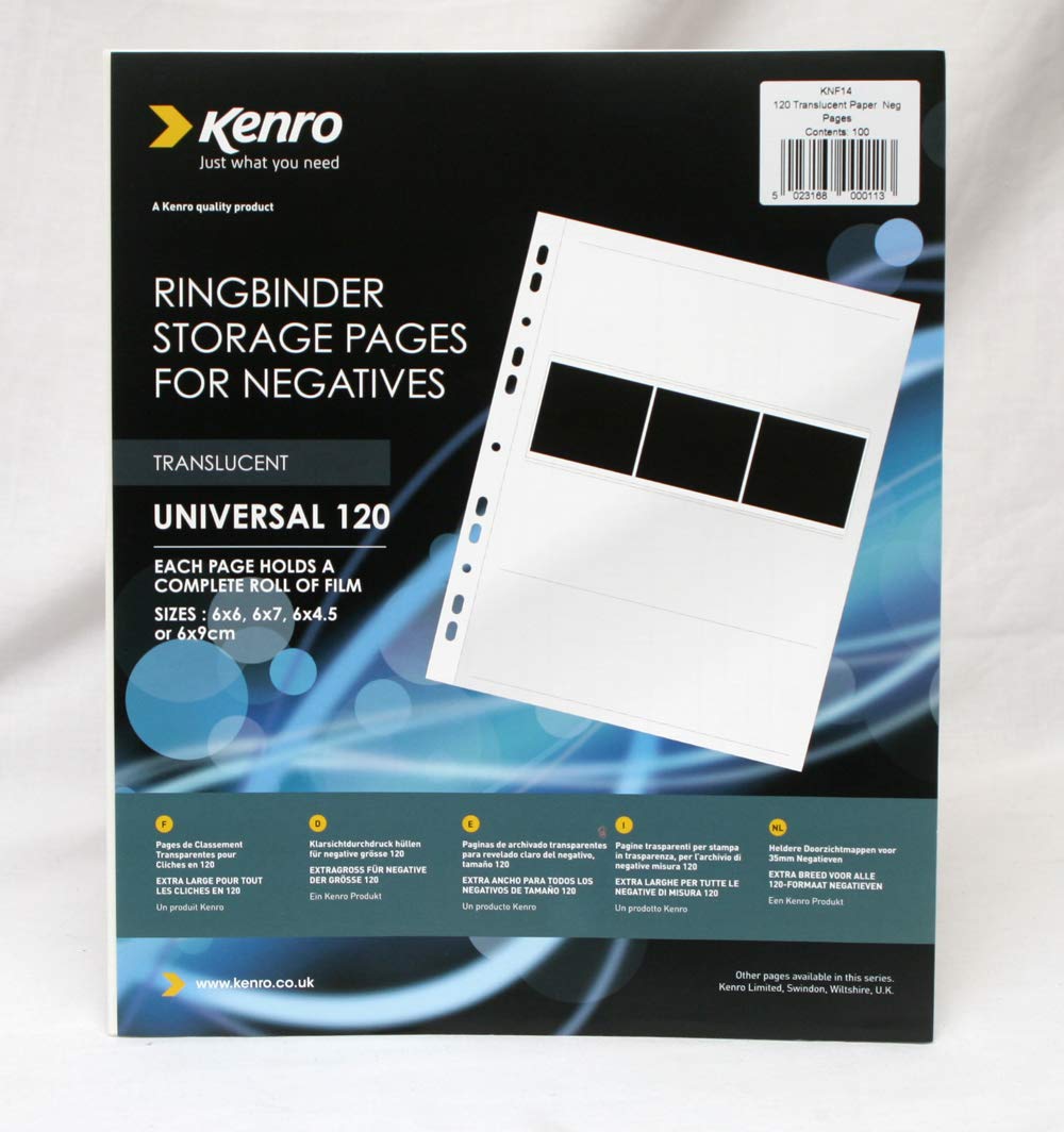 Kenro Translucent Negative Pages for Ringbinder for 4 Strips of 120 Roll Film Pack of 100 - KNF14