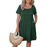 D.Q.RZhong Womens Plus Size Short Sleeve Dresses Square Neck Casual Summer Sundress Flowy Knee Length Dress with Pockets