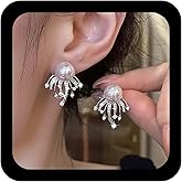 Jugielu Vintage Crystal Pearl Ear Jacket Earrings Silver CZ Pearl Stud Earrings Wedding Cubic Zirconia Front Back Earring Sparkly Rhinestone Fireworks Earring Jewelry for Women