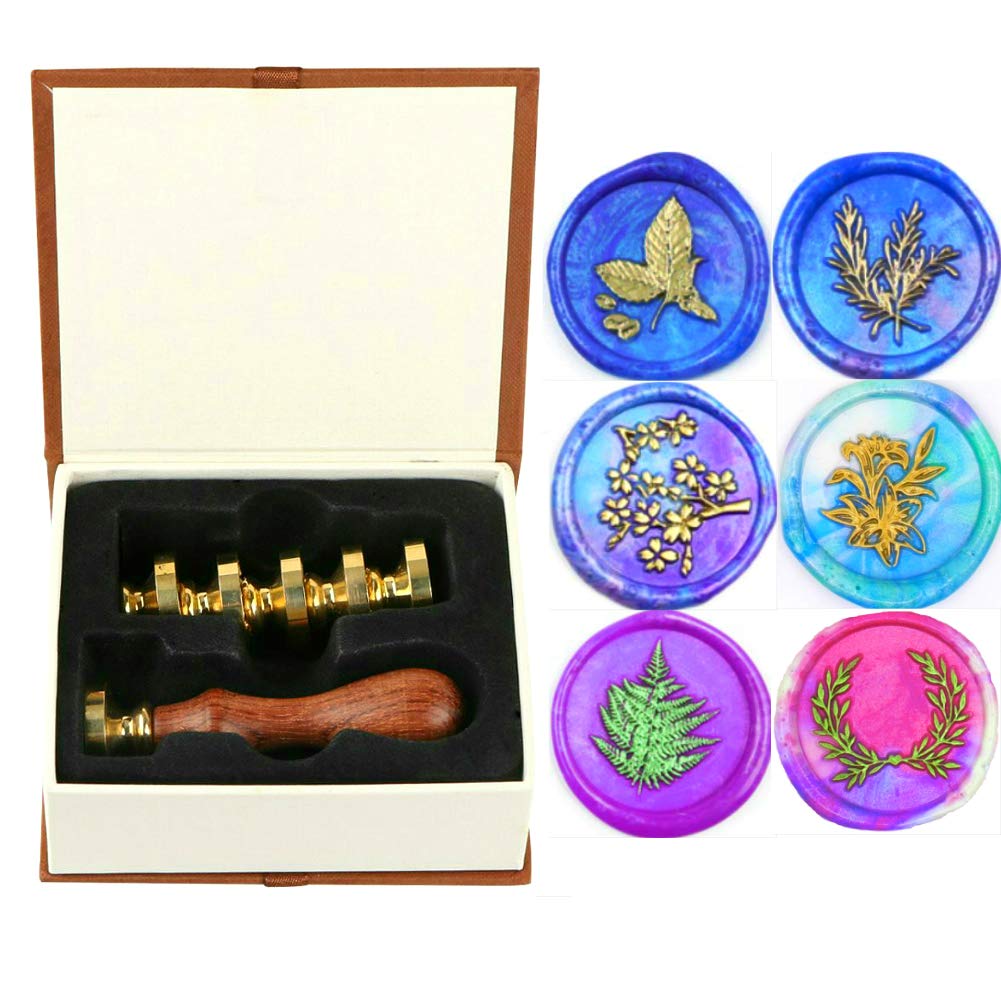 Plants Wax Seal Stamp Set, ANBOSE Rosemary Leaf Lily Fern Wreath Wax Seal Stamp Kit including 6 Pieces Botanical Sealing Wax Stamps Copper Seals + 1 Wooden Hilt, Gift Sealing Wax Stamp Kit