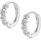 Sterling Silver Hoop Earrings for Women, Dainty Small Huggie Hoop Earrings | Hypoallergenic Daisy Color Cubic Zirconia Flower Hoops Earring Jewellery Gifts for Ladies Birthday Wedding, 12mm Hoop