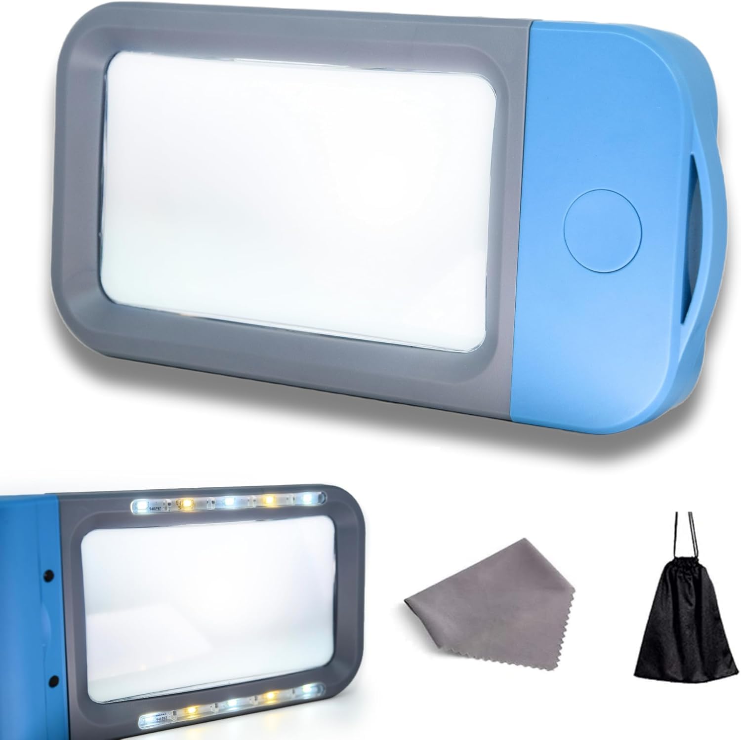 VOCA BV100 Rectangular Magnifying Glass with Light (Blue), Magnifier, Large, Foldable, Handheld, 10 LED, 4 Dimming Modes, 3X Magnifying Reading for Seniors, Low Vision, Book, Magazine, Newspaper, Maps