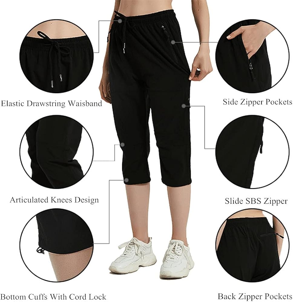 Capri Pants for Women Quick Dry Workout Cargo Capris UPF 50+ Hiking Pants with 4 Zipper Pockets: Clothing