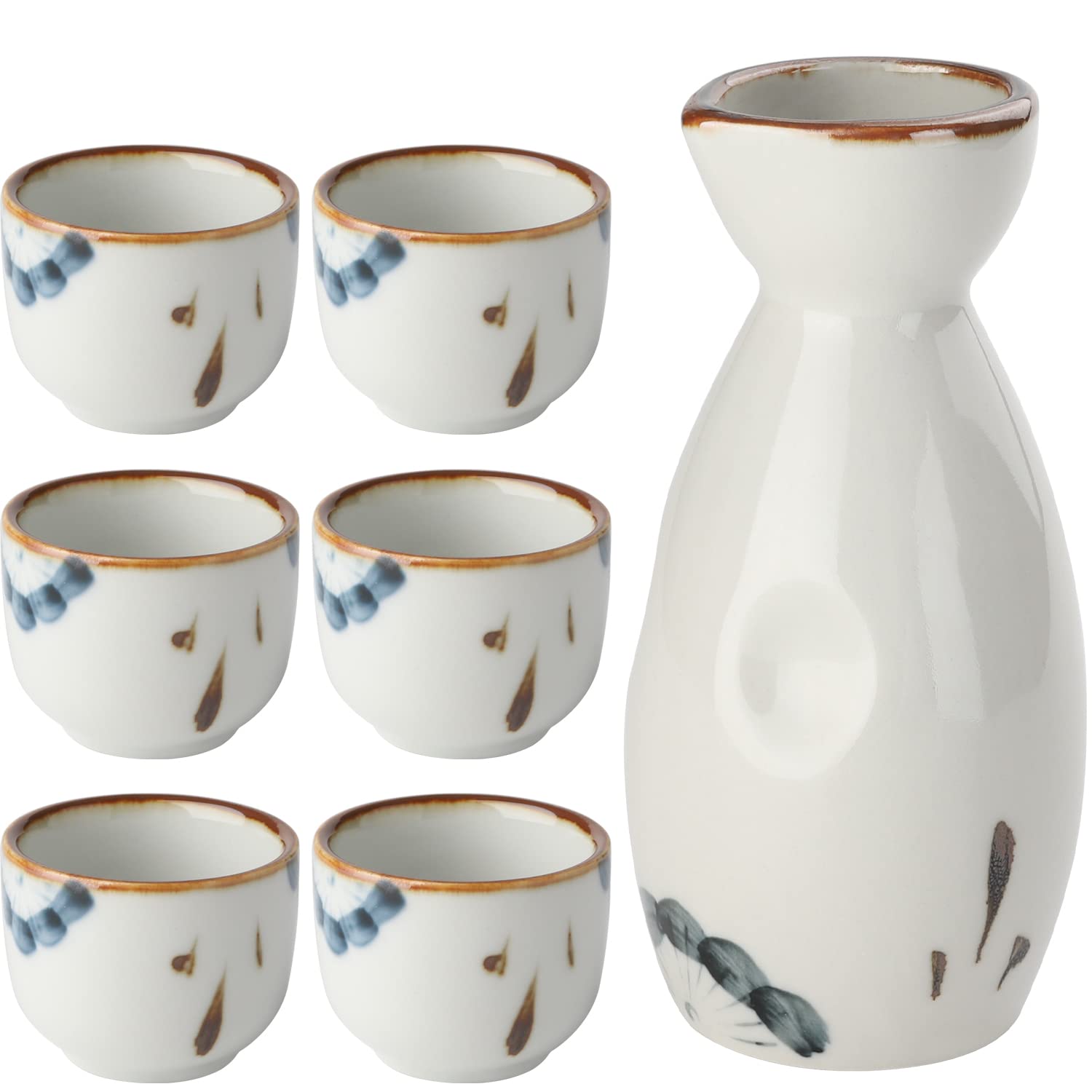 Sake Set Ceramic Japanese Sake Set of 7 include 1PC Sake bottle 6PCS Sake Cups for Hot or Cold Sake at Home or Restaurant (White)