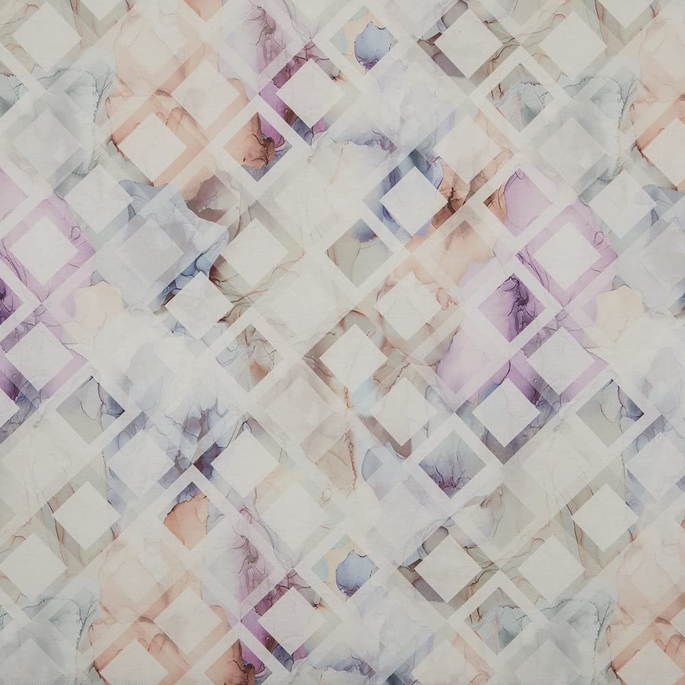 Kt KILOtela - Digital Printed Canvas Fabric, Upholstery, Cushions, Curtains, Half Panama Cotton, 100cm Length x 280cm Width | Watercolor Flowers, Rhombus - Blue, Pink, Lilac, White ─ 1 meter
