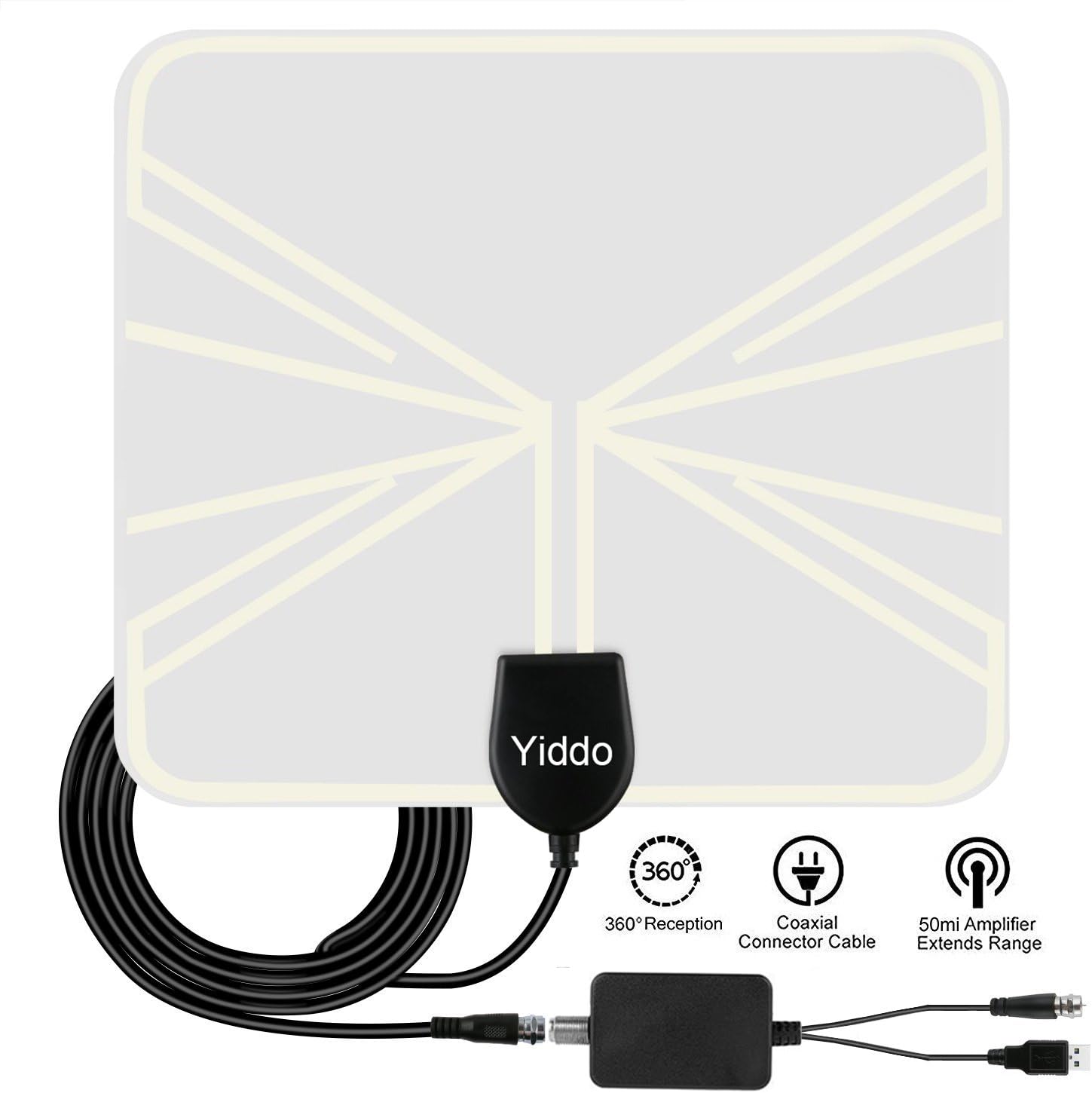 Ultra-thin Indoor TV Antenna 50 Miles 1080P Digital Free View HDTV Aerial with USB Powered Detachable Amplifier Signal Booster, Extremely High Reception and 13ft Long Cable (TV1)