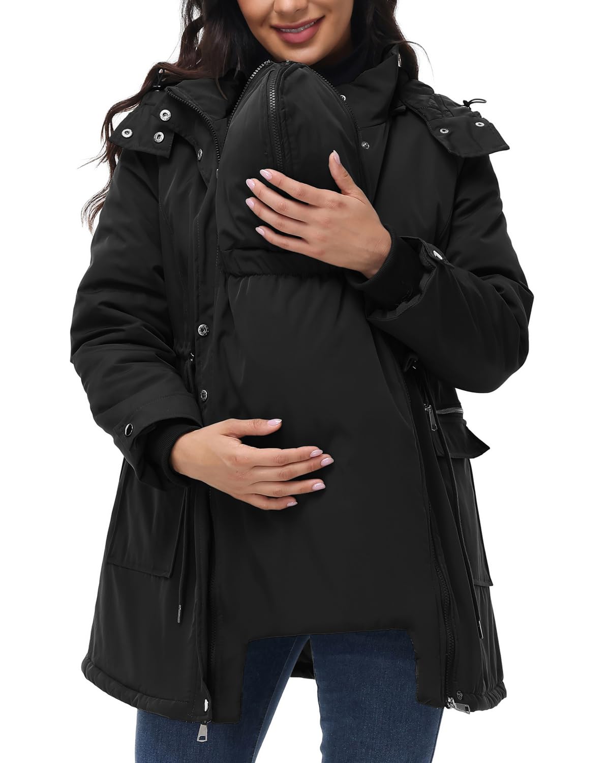 Photo 1 of Maacie Maternity 3 in 1 Winter Coat Thicken Quilted Lined Warm Hooded Outwear Long Puffer Down Jacket Parka with Pockets Black L
