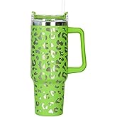 Lashicorn 40 Oz. Tumbler with Handle and Straw Neon Green Leopard Silver 10” tall Cup lid included Insulated Stainless Steel Vacuum Travel Mug Boutique Cheetah Print Lime