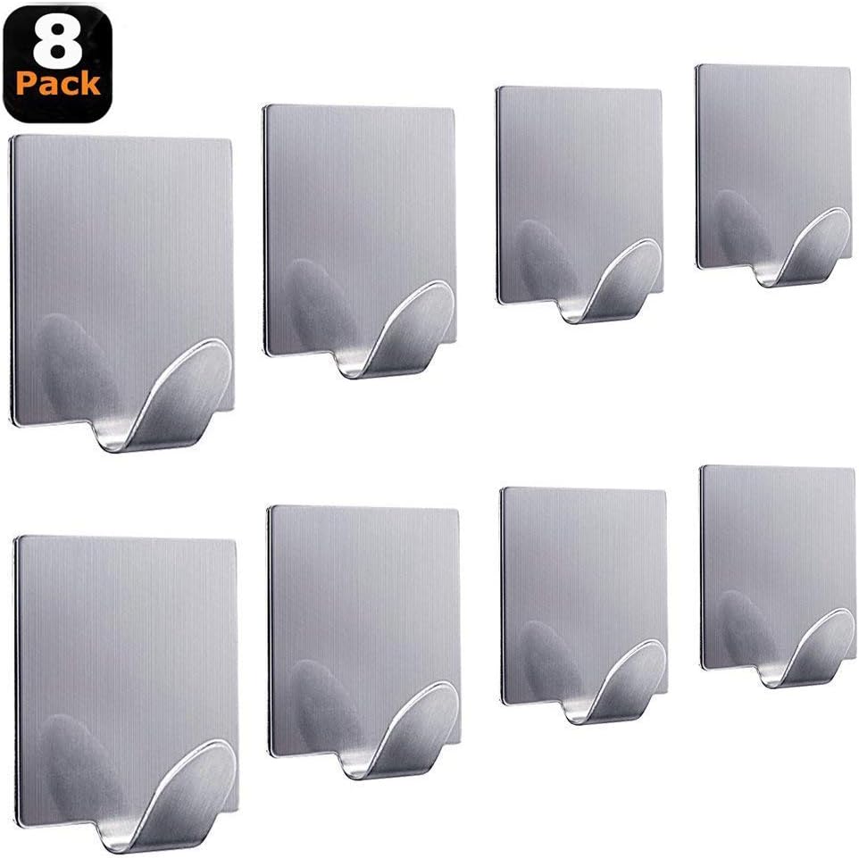 Self Adhesive Hooks Heavy Duty Max 8.8lbs/4kg Wall Hangers Stick on Hooks for Hanging Towels, Hats, Robes, Keys, Kitchen Utensils Stainless Steel Waterproof-8 Packs