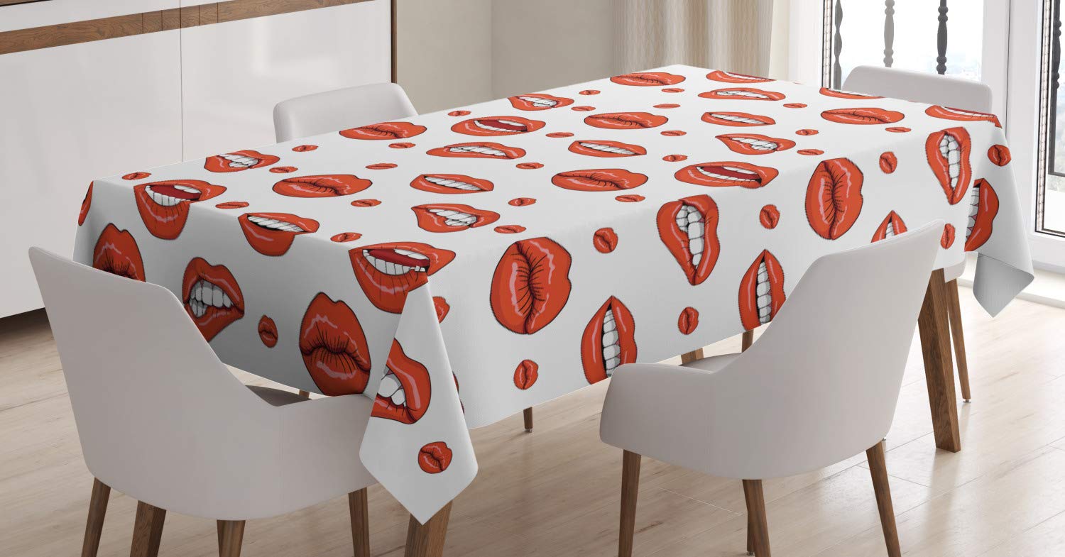 ABAKUHAUS Vintage Tablecloth, Woman Lips with Gestures, Dining Room Kitchen Rectangular Table Cover, 54 W X 66 L, Vermilion and White