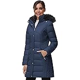 SLOW DOWN Women Winter Down Puffer Coat Warm Hooded Mid-Length Down Jacket for Women with Faux Fur Trim Hood and Pile Collar