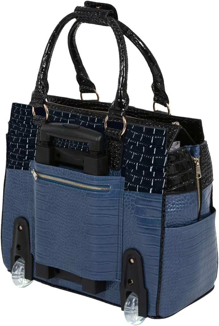 "The Oceanside" Blue & Black Alligator Compatible With Computer iPad, Laptop Tablet Rolling Tote Bag Briefcase Carryall Bag