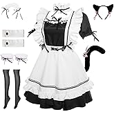 YONABTF Maid Outfit Dress Costume Lingerie French Maid Apron Cosplay Lolita Fancy Dress With Cat Ears Tail Socks Set