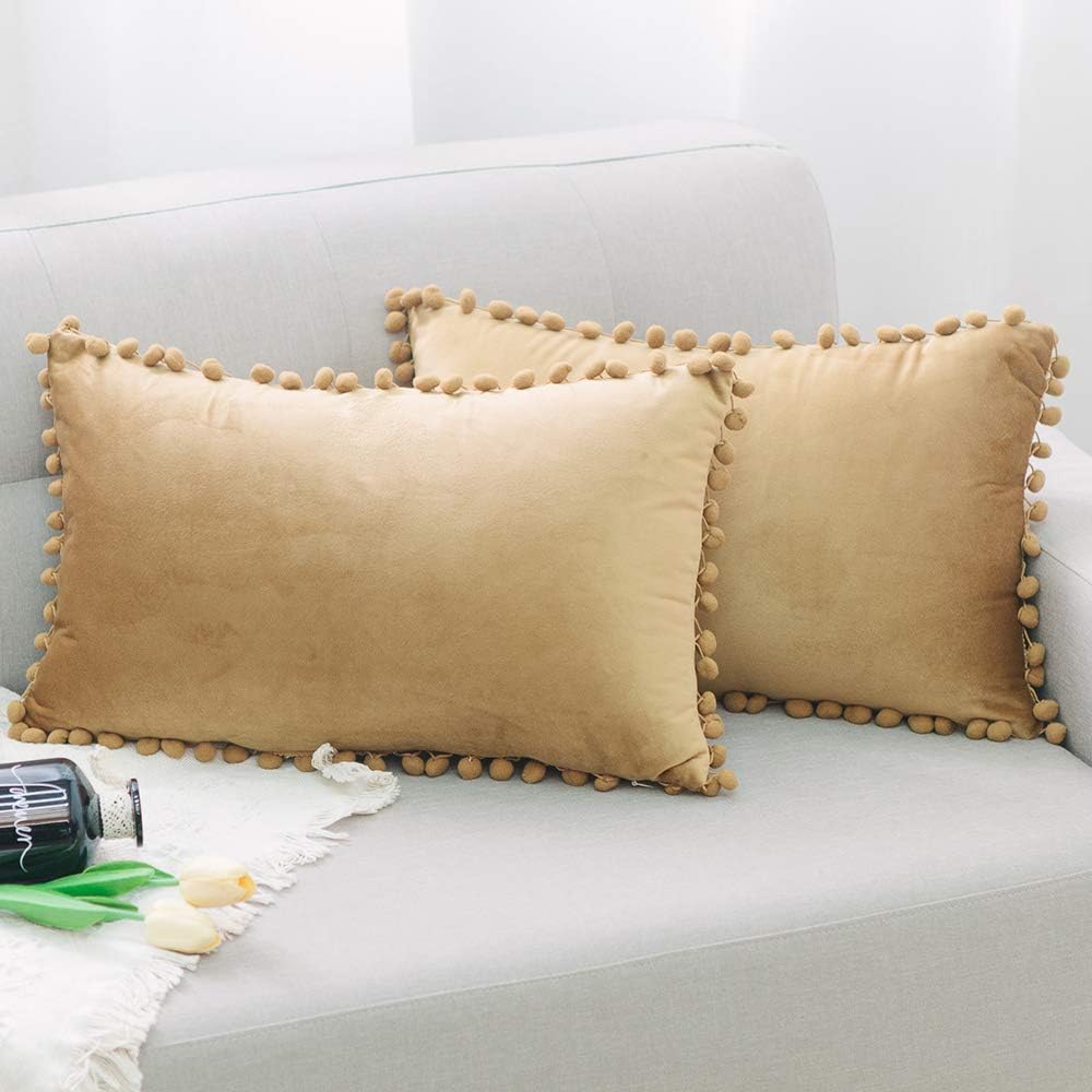 NATUS WEAVER Pack of 2,Velvet Soft Soild Decorative Pom Poms Gold Throw Pillow Covers Cushion Case for Sofa Bedroom Car 12 x 20 Inch 30 x 50 cm