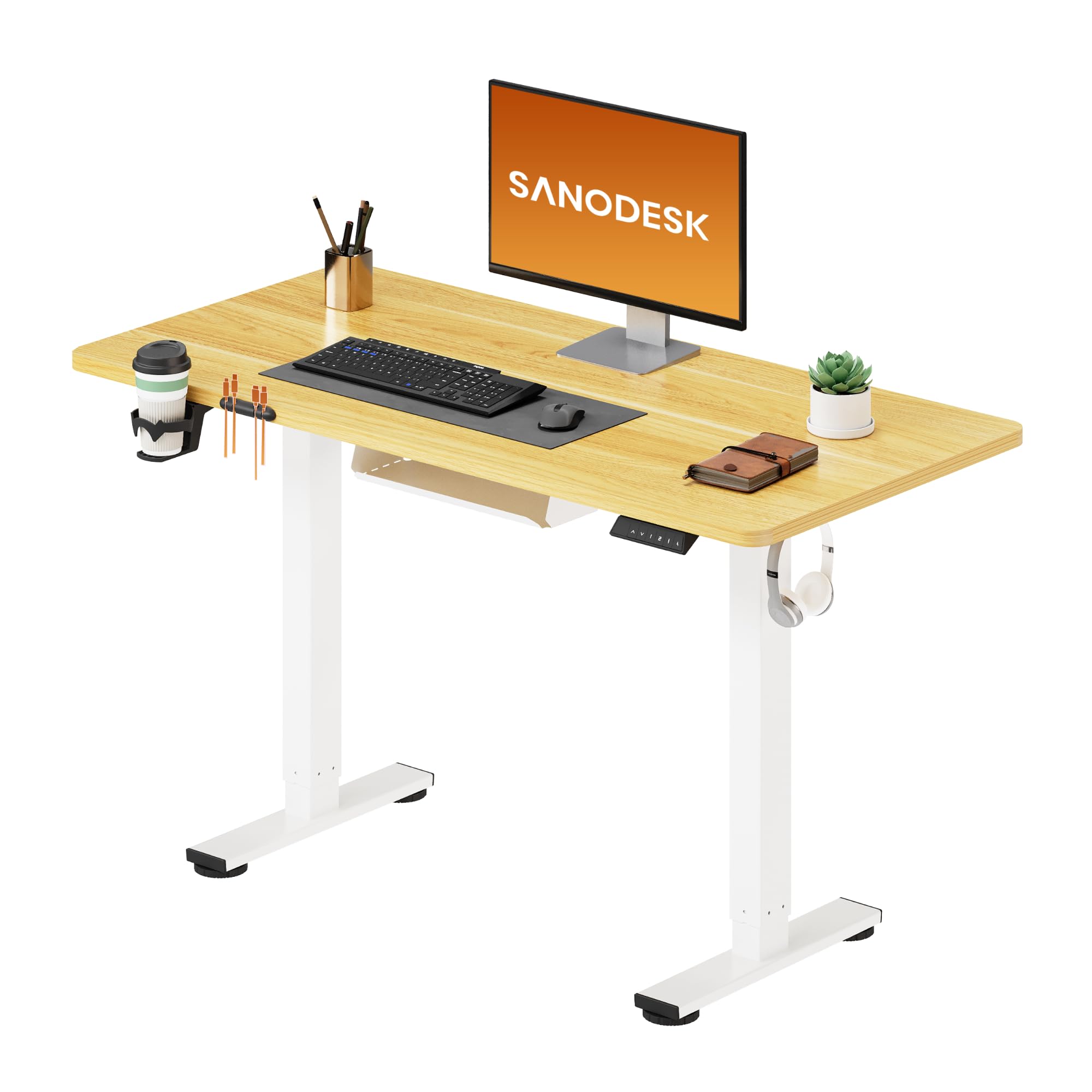 SANODESK Höhenverstellbarer Schreibtisch 110×54 cm – Kompakter Standing Desk mit praktischem Zubehör, ideal für kleine Räume, leise & sicher mit Anti-Kollisions-Schutz(ahorn)