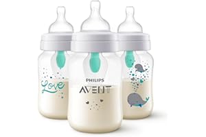 Philips Avent Anti-colic Baby Bottle with AirFree Vent with Whale Design, 9oz, 3 pack, SCY703/77