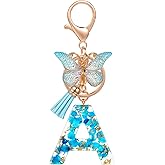 MWOOT Letter Keyring with Butterfly Tassels, Cute Initial Flower Keychain Pendant, Name Alphabet Resin Car Keychain Personalised Handbag Charms Accessories Crafts Bag Decoration Gift for Women(A,Blue)
