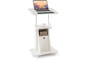 Tangkula Mobile Laptop Podium, Height Adjustable Sit to Stand Desk with Tilting Desktop & Storage Cabinet, Ergonomic Rolling Lectern Cart Laptop Desk, Office Podium Stand on Wheels