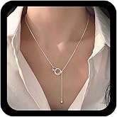 Jugielu Boho Interlocking Circle Pendant Necklace Gold Circle Choker Necklaces Interlocking Ring Necklaces Silver Bead Y Lariat Necklace Double Ring Choker Long Ball Drop Jewelry for Women