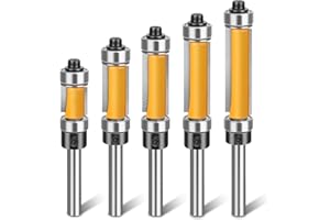 SUNJOYCO 5PCS Pattern Flush Trim Router Bits, 1/4" Shank Top and Bottom Bearing Flush Trim Bit Set, 1/2" Cutting Diameter, 1/