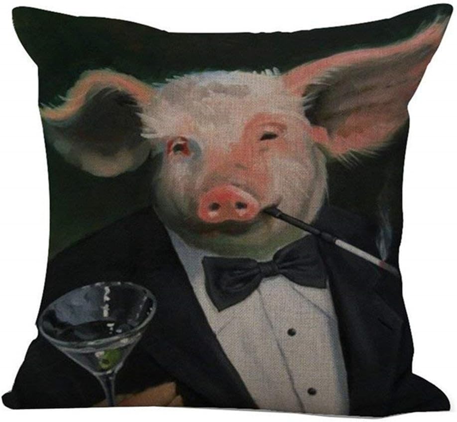 NAVIBULE Cartoon Animal Gentleman Pig in Black Suit, a Drink, a Smoking Pipe Pattern Cotton Linen Decorative Throw Pillow Case Cushion Cover for Couch Home Car Square