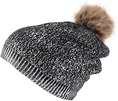 Thick Sparkly Knit Hat Metallic Shine Faux Fur Pom Pom Slouch Beanie Hats Black Silver