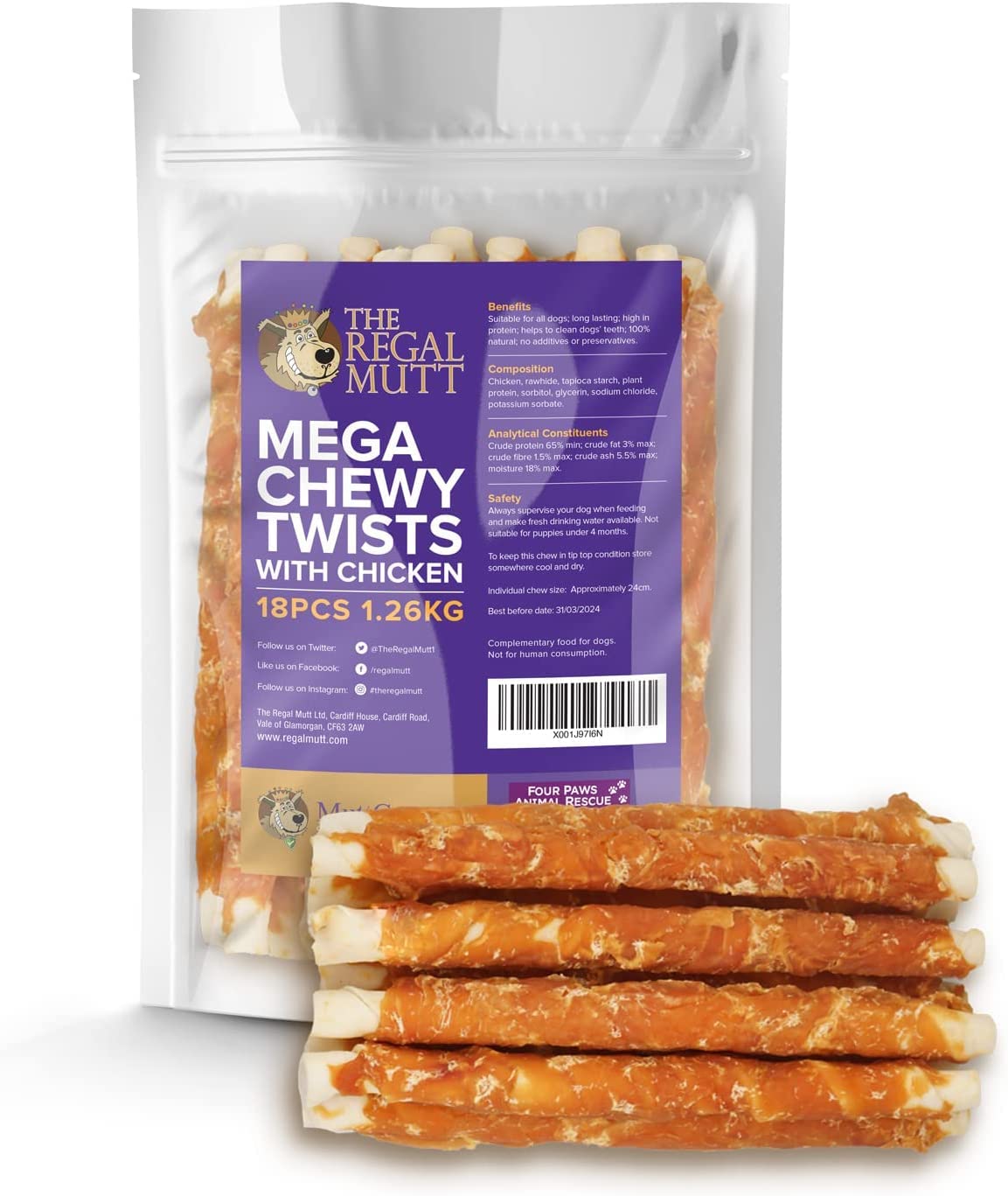 The Regal Mutt - Mega Chewy Twists with Chicken - Value Bag of 18 (1.25kg)