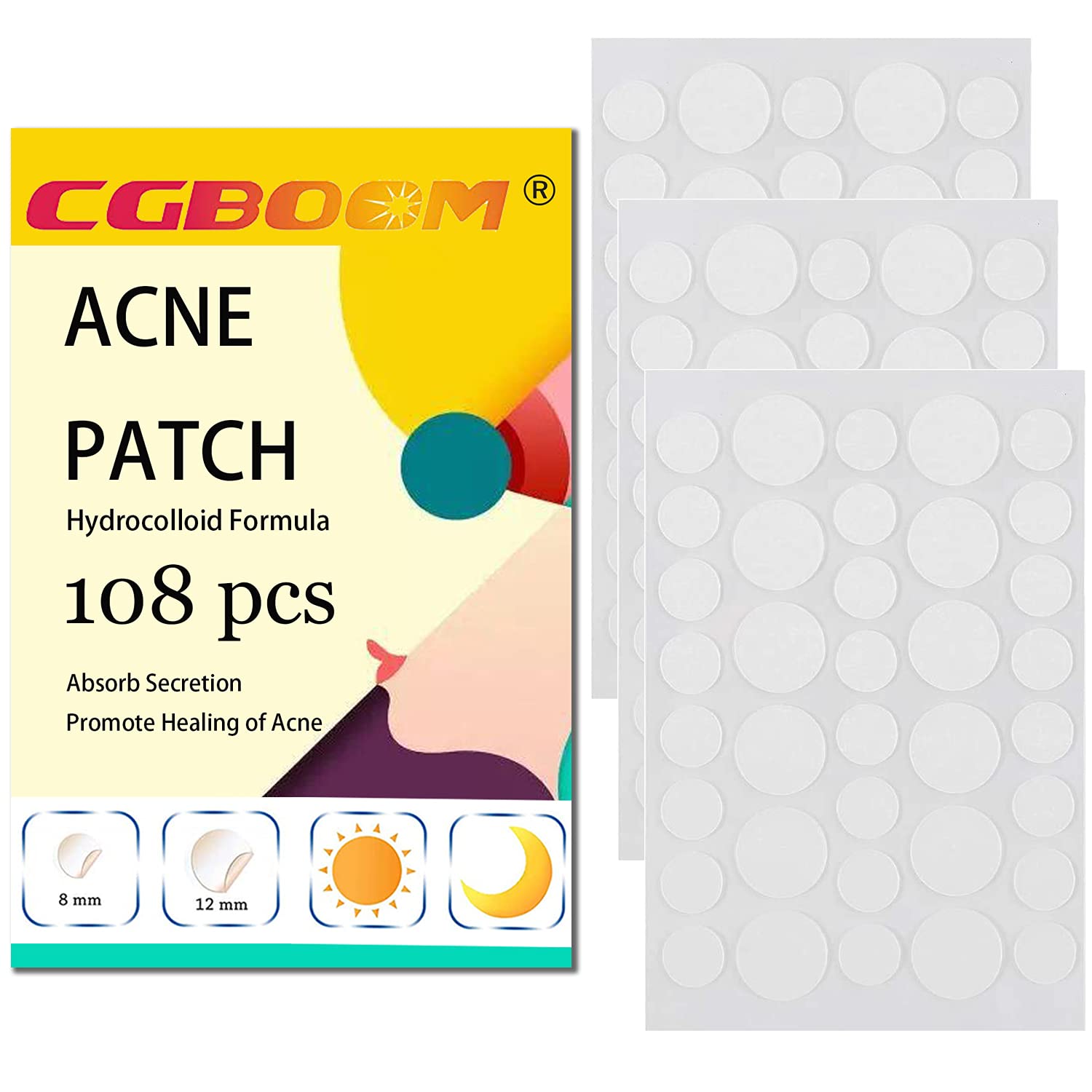 108PCS Acne Pimple Master Patches,1.5% Salicylic Acid and Niacinamide, Spot & Blemish Treatment Stickers Invisible Hydrocolloid Patches, 2 Sizes （8mm, 12mm）