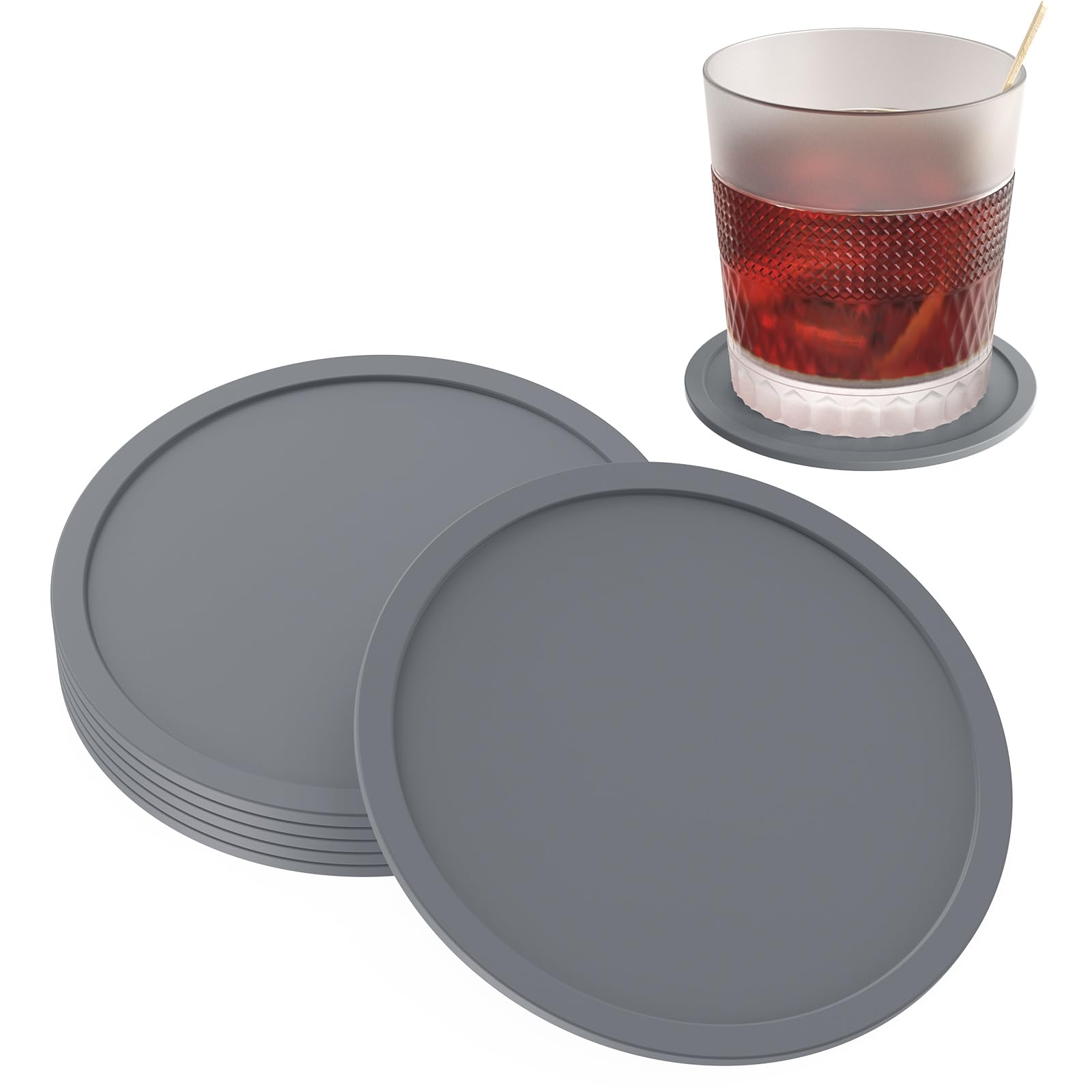 6PCS Silicone Coasters for Drinks, 10cm Round Drink Coasters for Home/Office/Bar Beer Bottle Wine Glass Coffee Tea Mugs Coasters Non Slip Rubber Pads Mats for Cup (Grey)