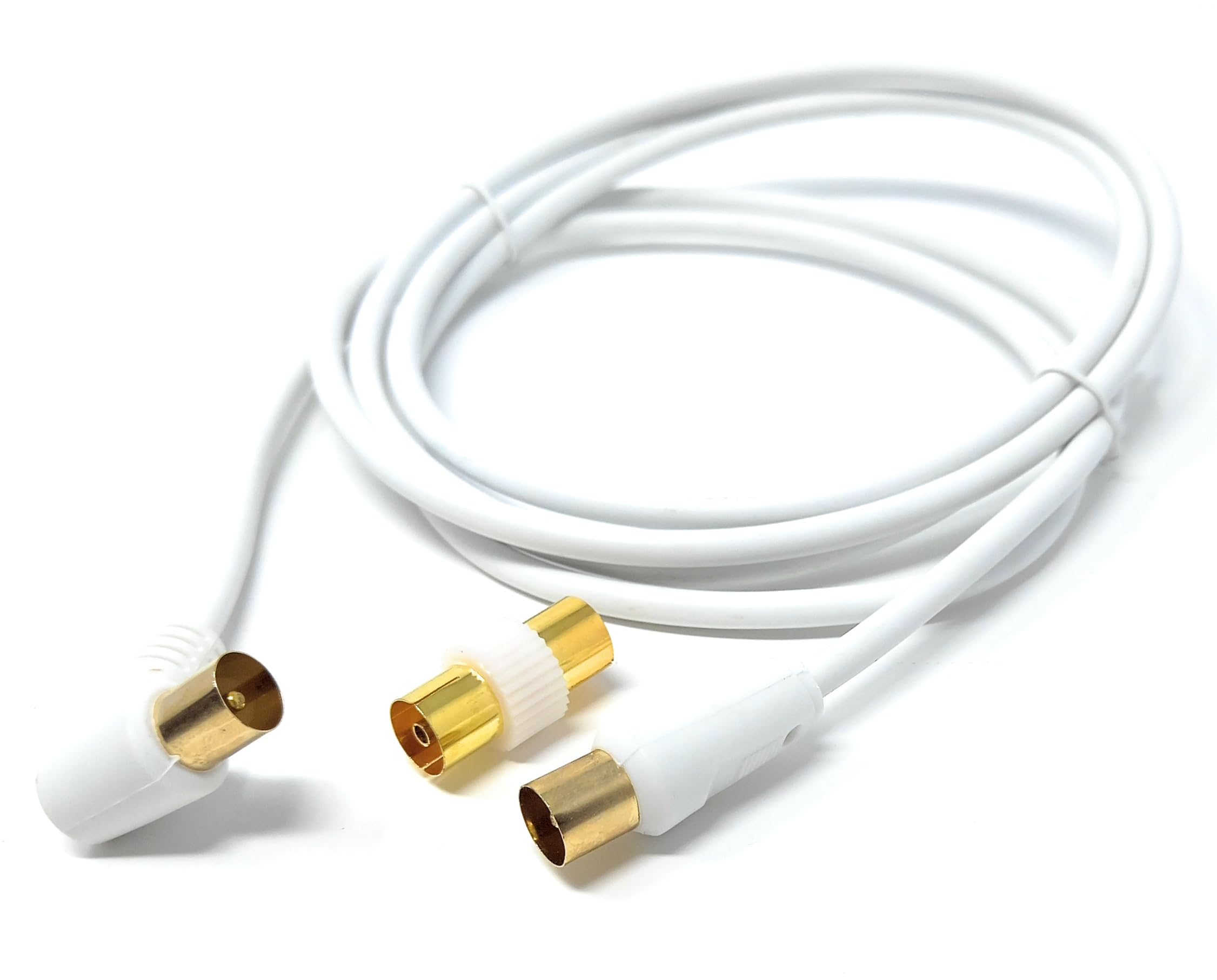 DRUT 2m TV RF Right Angle Male to Male Aerial Antenna Coaxial Cable With Female to Female Coupler Gold Connectors 75 ohm, 3C2V 6.5ft White