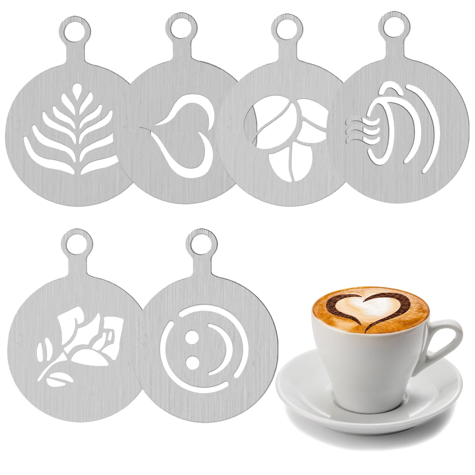 Stainless Steel Coffee Stencils - 6 Pcs Decorating Stencils for Cappuccino, Latte Art & Cake Decorating (Style 1)