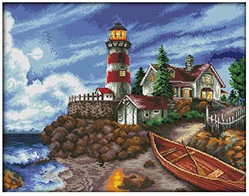 Cross stitch kits for lighthouse - Eafior DIY Handmade Needlework Embroidery Kits lighthouse pattern printed design Home Decoration Wall Decor 69×56cm(No frame)