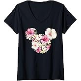 Womens Disney Mickey and Friends Tropical Floral Print Silhouette V-Neck T-Shirt