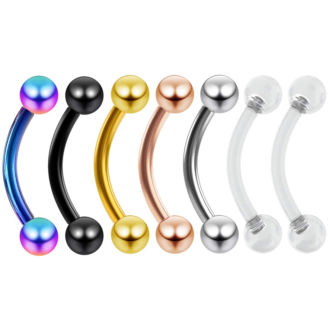 Bling Piercing 5pc 16g 1.2mm Vertical Labret Bar Curved J-Curve Bar Lip Ring Stainless Steel Eyebrow Barbells 8mm - 2pc Clear Retainer Keeper